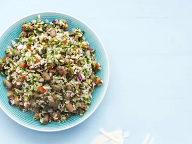 borlotti bean, brown rice and almond salad