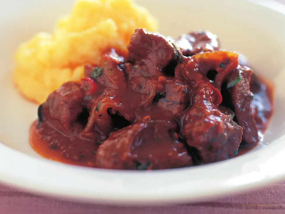 beef, red wine and chilli casserole with polenta