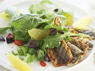 Spicy sardines with orange and olive salad