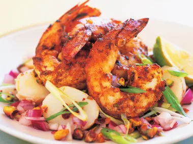 Prawns with pistachio potato salad