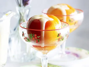 LAVENDER-SCENTED CUSTARD WITH POACHED PEACHES