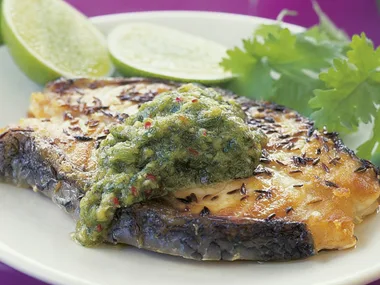 Cumin fish cutlets with coriander chilli sauce