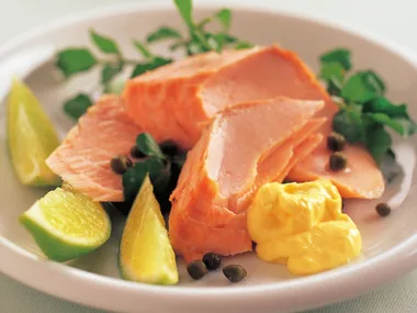 Roast salmon with mango and lime mayonnaise