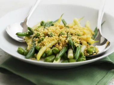 Three bean salad with lemon chilli crumbs