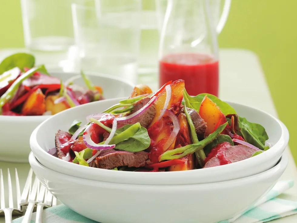 lamb, spinach and peach salad