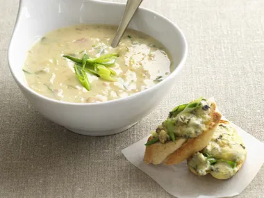 potato, bacon and leek with blue cheese toasts