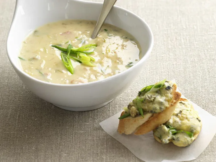 potato, bacon and leek with blue cheese toasts