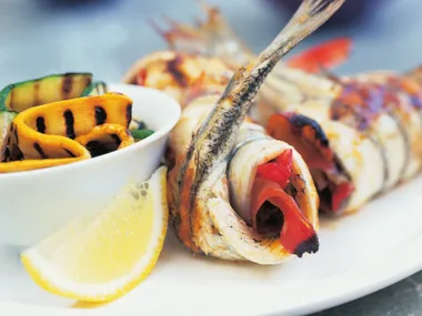 garfish with leek, prosciutto and prawns