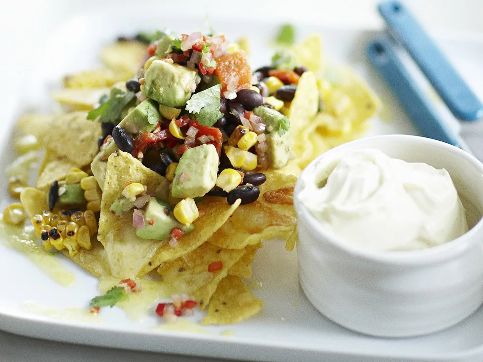chunky black bean and grilled corn salad with cheesy nachos
