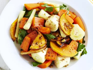 spice-roasted pumpkin,    carrot and parsnip