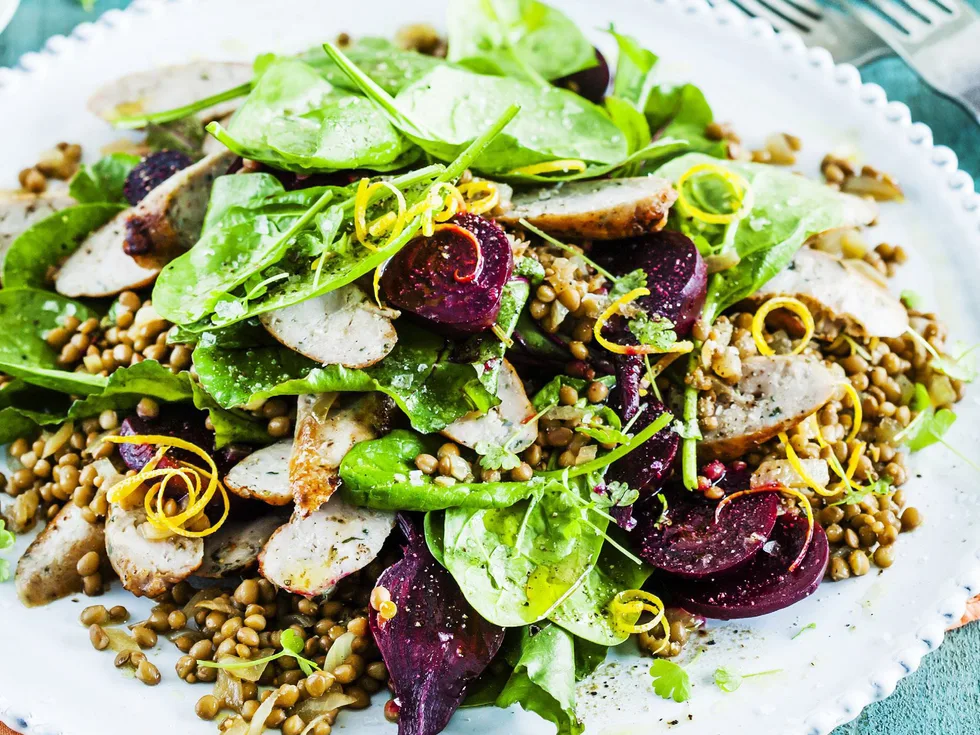 warm beetroot and lentil salad with pork sausages
