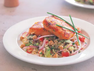 brown rice, chickpea and pepita salad with kumara-potato patties