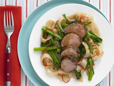 char siu pork with spicy fried noodles