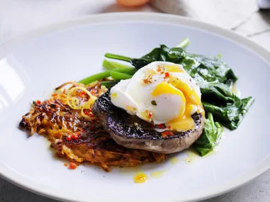 poached eggs, flat mushrooms and spinach with kumara rösti