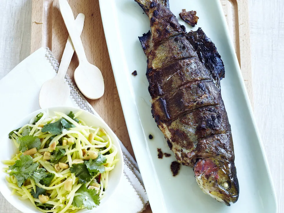 trout roasted with amchur and green mango salad