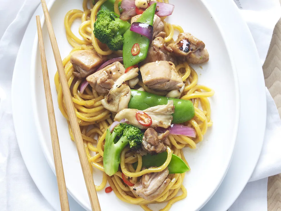 chicken, noodle and mushroom stir-fry