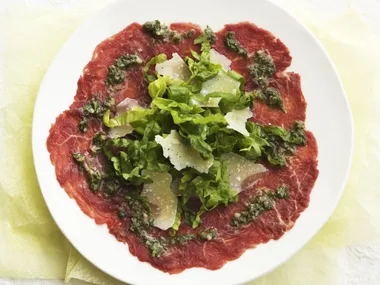 carpaccio with shaved parmesan and basil salsa verde