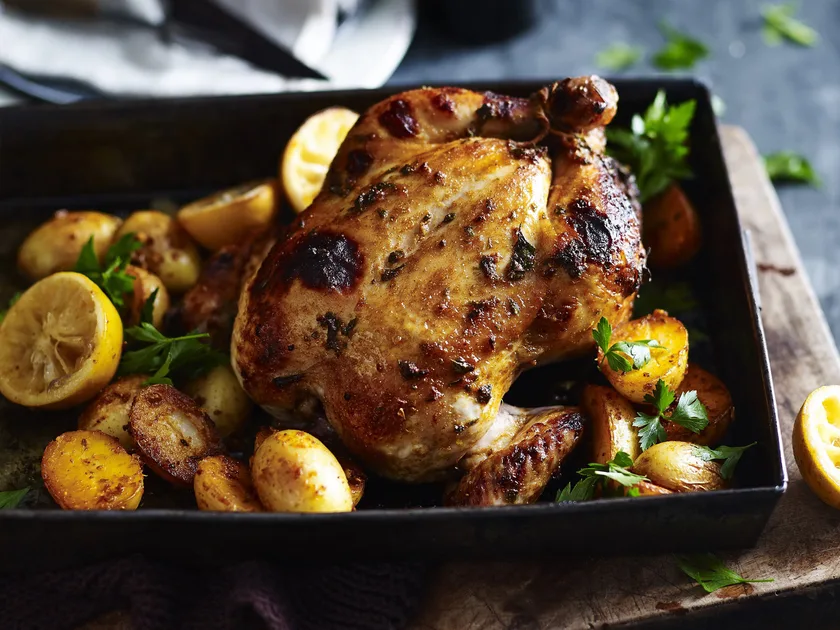 Honey-roasted chicken with spicy fried potatoes