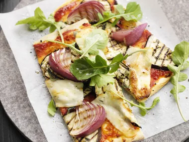 Eggplant, haloumi and rocket pizza