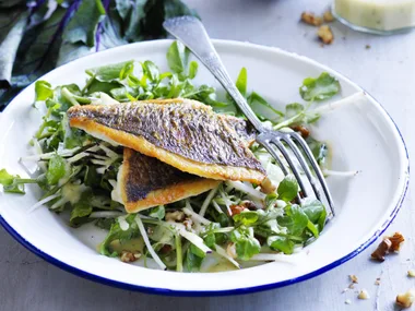 bream with kohlrabi, watercress and walnut salad with buttermilk dressing