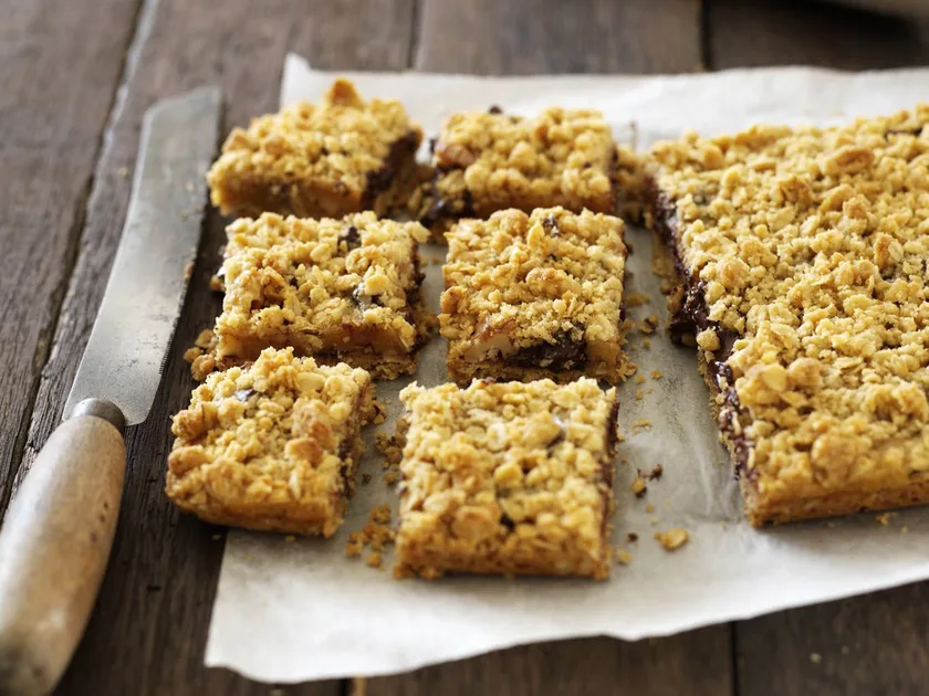 Caramel and chocolate slice