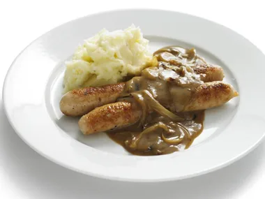 sausages with caramelised onion and mustard gravy