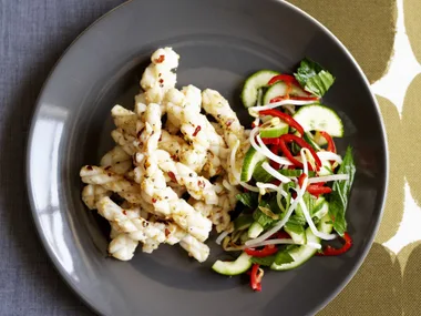 chilli squid with mint and bean sprout salad