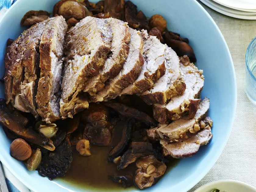 Pot roast pork shoulder with mushrooms, port and chestnuts