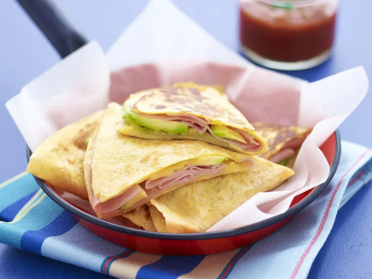 ham, avocado and cheese quesadillas
