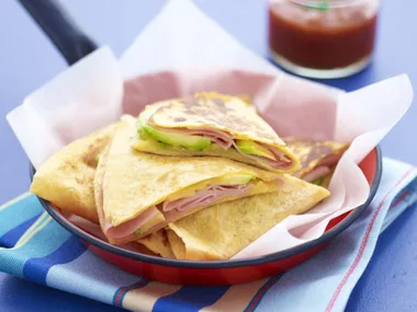 ham, avocado and cheese quesadillas