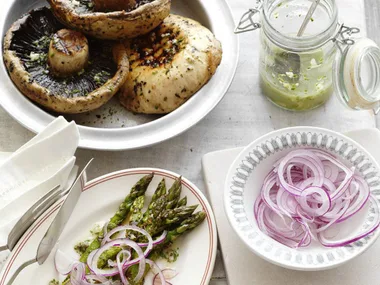 grilled asparagus and mushrooms with anchovy dressing