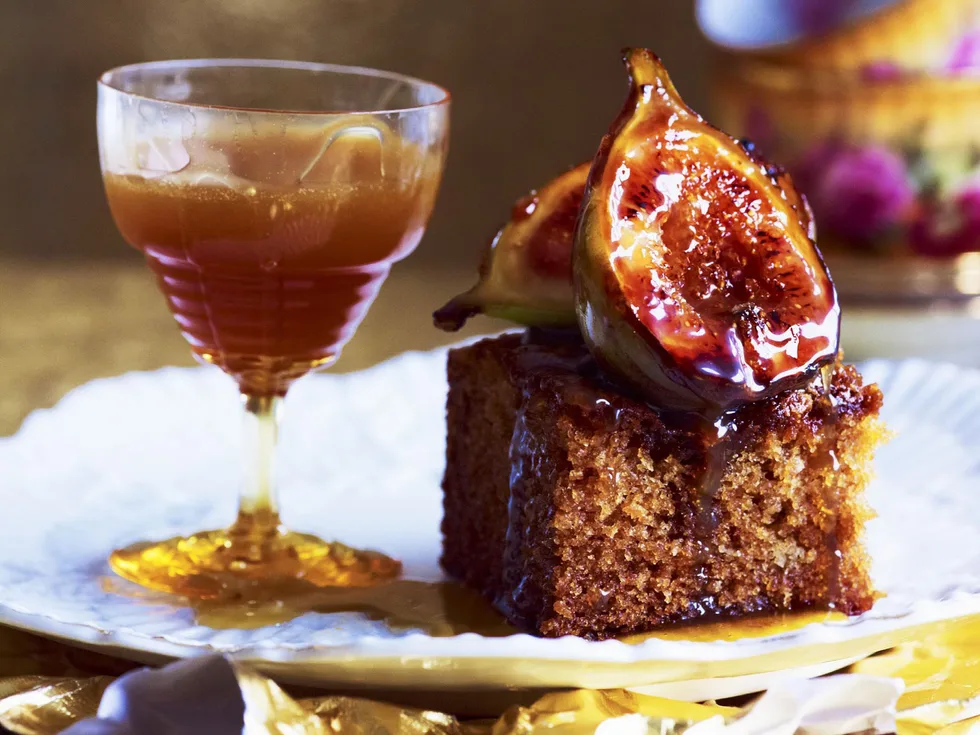 sticky ginger cake with grilled toffee figs