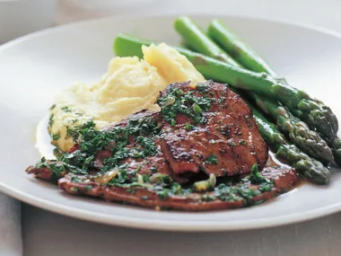 seared calves liver with persillade and parsnip mash