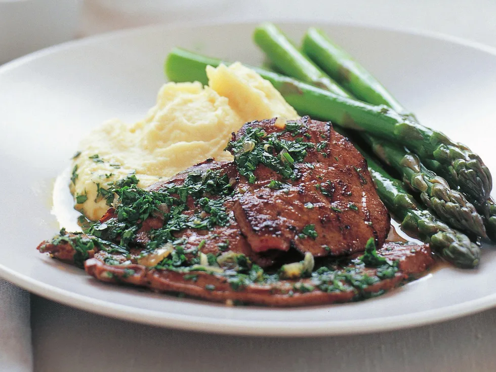 seared calves liver with persillade and parsnip mash