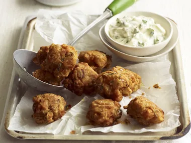 spicy potato pakoras with coriander raita
