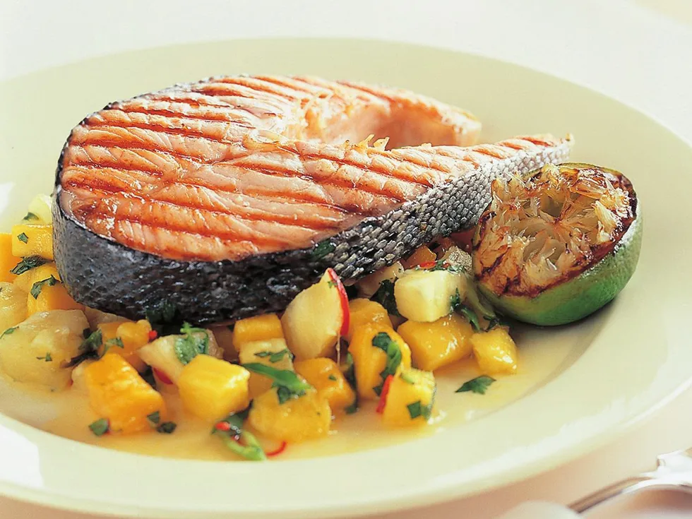Salmon with mango and pineapple salsa
