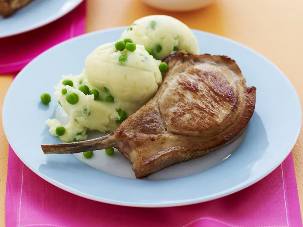 pork cutlets with potato and pea mash