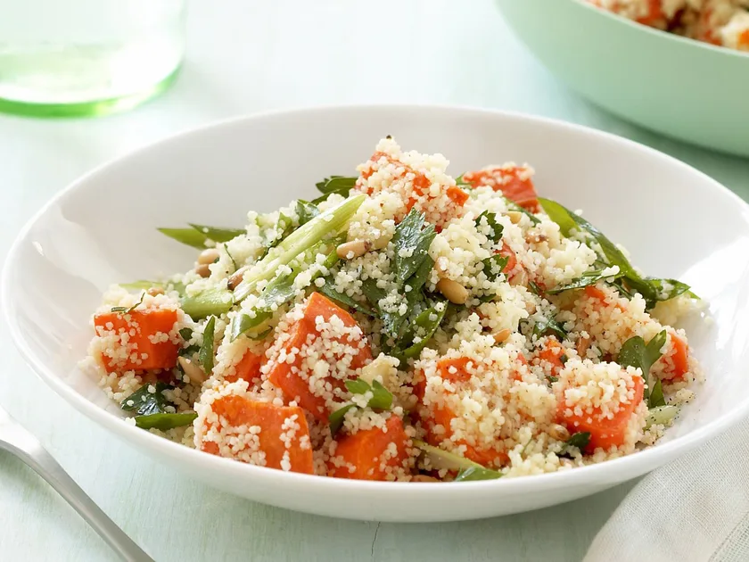 Roasted kumara, pine nut and couscous salad