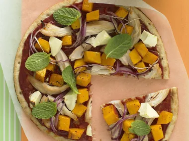 chicken, pumpkin and fetta pizza