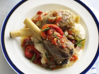 Braised lamb shanks with white bean puree