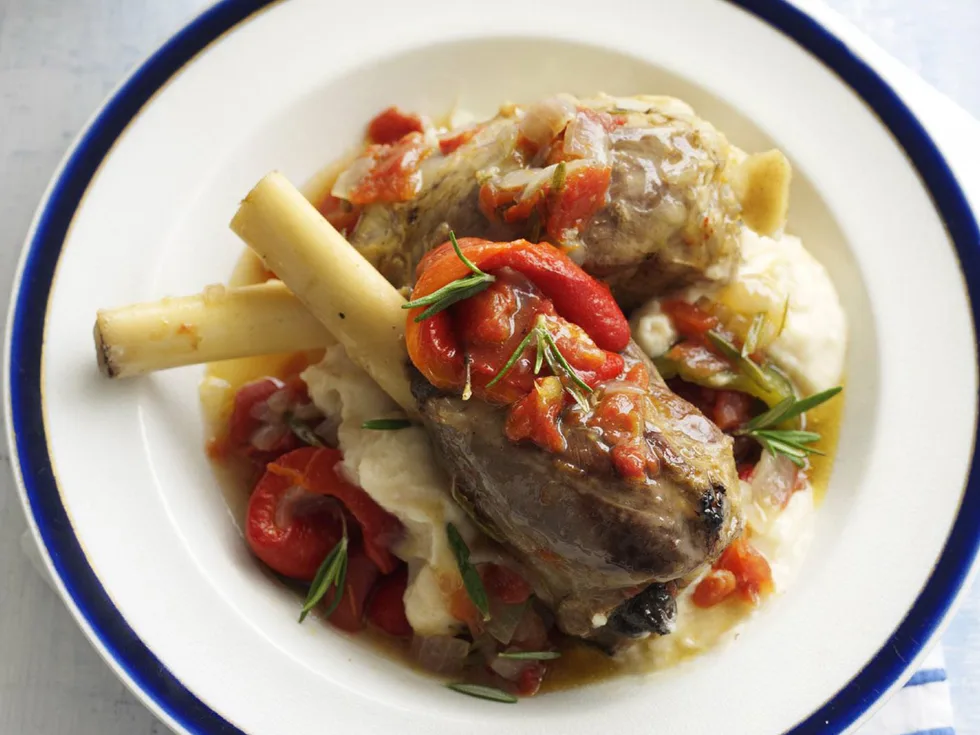 Braised lamb shanks with white bean puree
