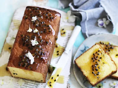 Passionfruitcakewithorange blossom and mint tea syrup