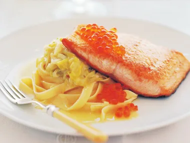 Seared salmon with leek velouté and salmon roe
