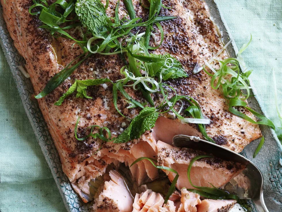 baked salmon with tahini sauce & tabbouleh