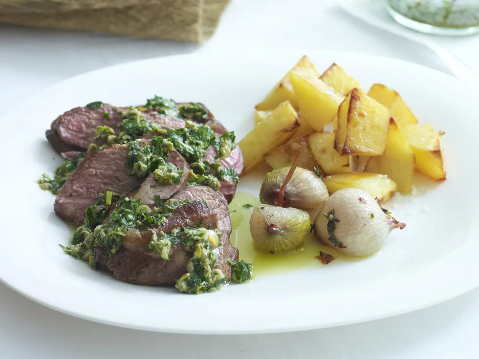 lamb rump with salsa verde and roasted shallots