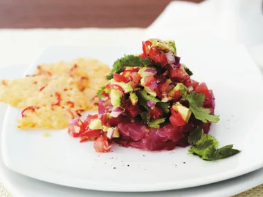 tuna tartare with avocado salsa and parmesan crisps