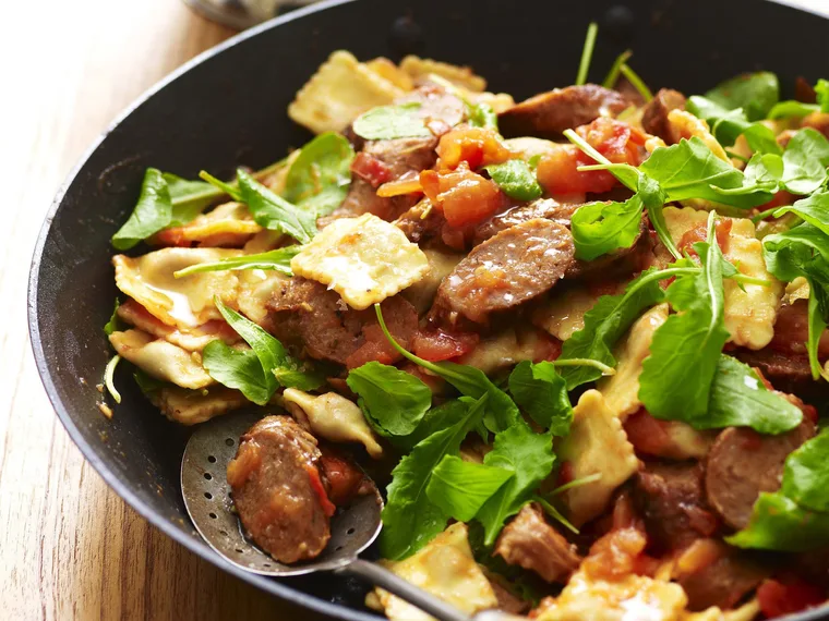 warm lamb sausage and ravioli salad