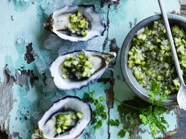 oysters with cucumber and shallot salad