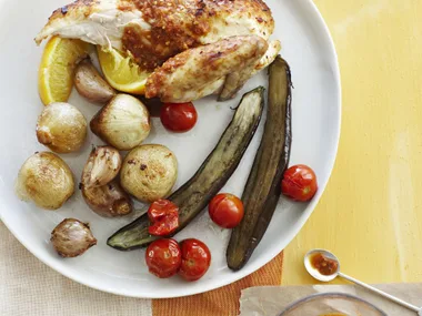Harissa and orange-roasted chicken and vegetables