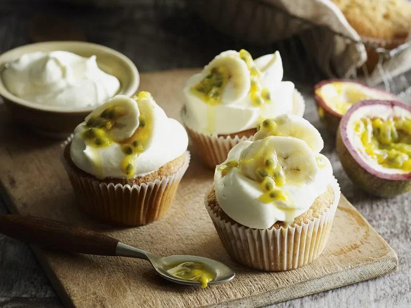 Banana and passionfruit cream cupcakes